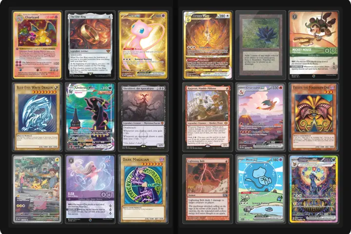 An open binder of Pokémon, Magic, Yu-Gi-Oh! and Lorcana singles