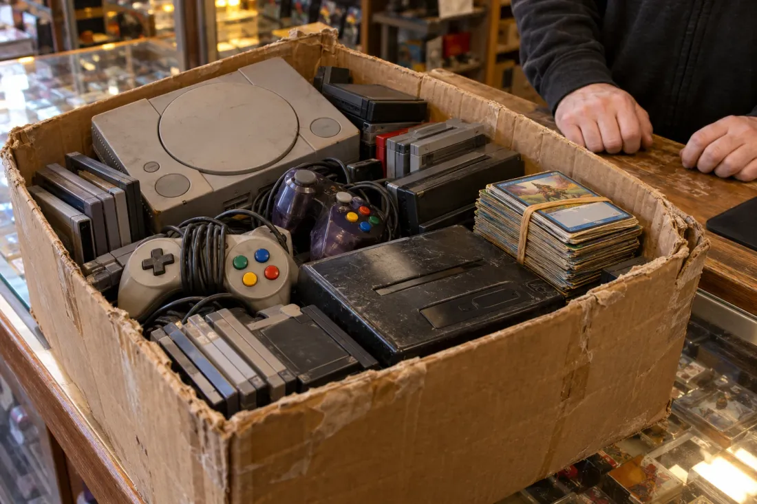 A cardboard box of retro consoles, games and cards on a counter