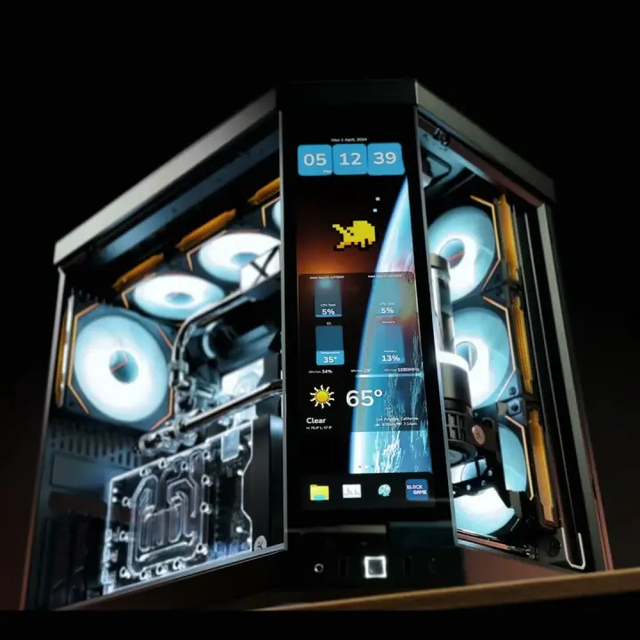 A high-end water-cooled gaming PC in a dual-chamber case