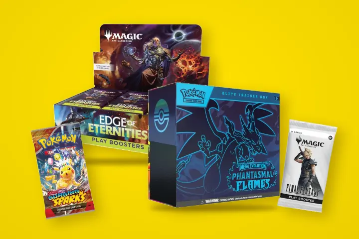 A Magic: The Gathering play booster box, a Pokémon Elite Trainer Box and booster packs on a yellow background