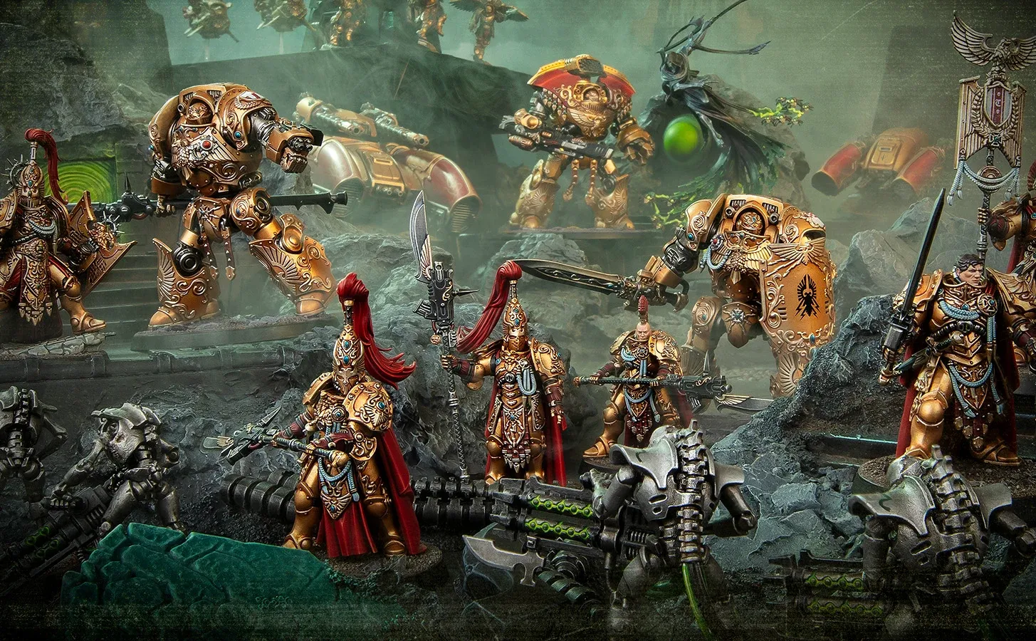 Painted Adeptus Custodes miniatures fighting Necrons across a Warhammer 40,000 battlefield