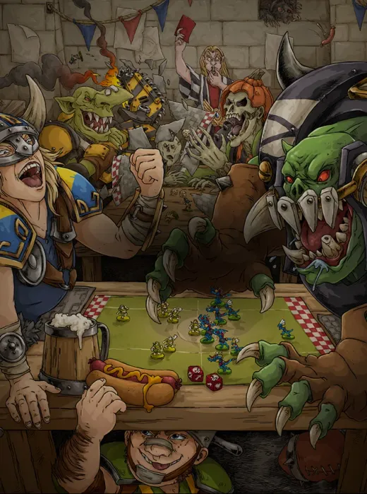 Blood Bowl artwork of orcs and humans around a game table